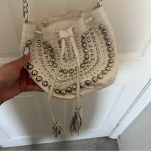 Studded White Drawstring Bucket Bag